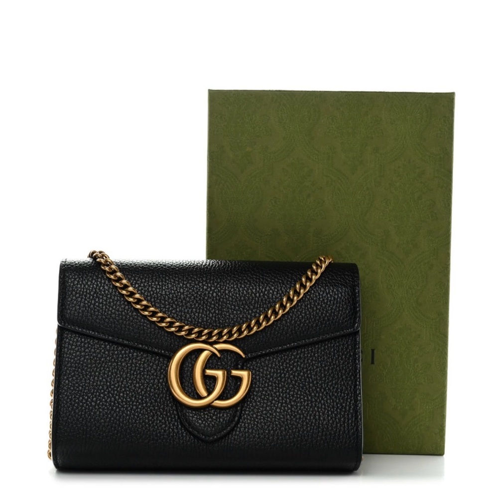 Gucci Black GG Marmont Wallet Bag with Gold Chain